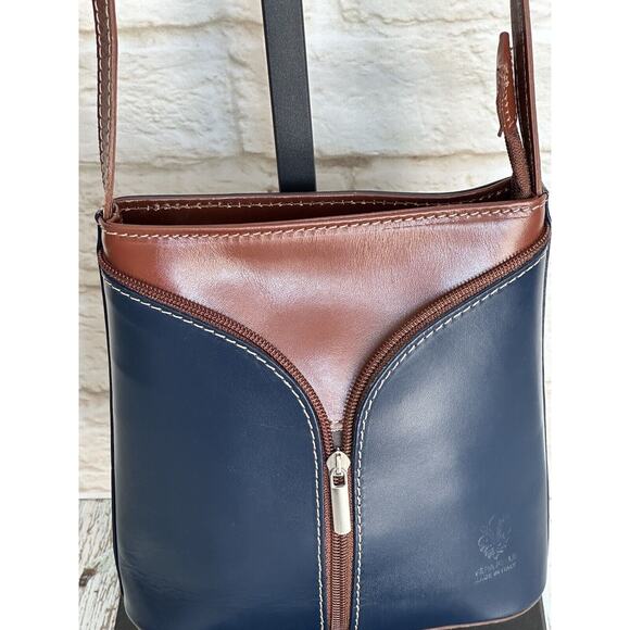 Vera Pelle Italian‎ Leather Handbag Crossbody Blue With Brown Silvertone - Picture 5 of 16